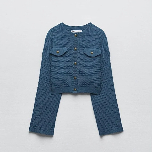 ZARA Crop Knit Cardigan in Blue Size L - Picture 2 of 9